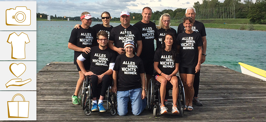Gruppenbild von Para-Athleten im ALLES GEBEN, NICHTS NEHMEN-T-Shirt