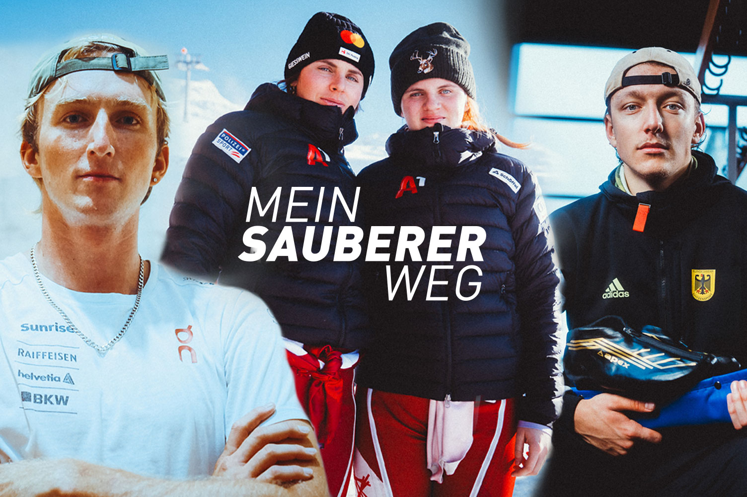 Vier junge Wintersportlerinnen und Wintersportler in Sportbekleidung stehen vor einer alpinen Bergkulisse, mittig der Schriftzug „Mein sauberer Weg“.